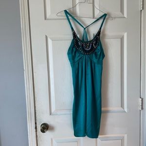Charlotte rousse Aqua blue beaded rouched back tank dress mini sz L party dress